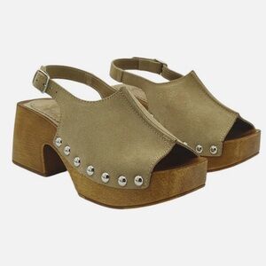 MINELLI Paris Made in Italy Studded Suede Platform Clogs Square Peeptoe Sandals